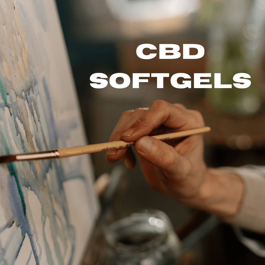 CBD Softgels - text overlaying woman painting